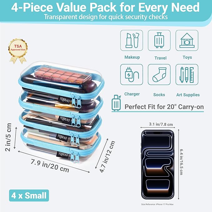 YQBRA 4 Pack Clear Hard Shell Zipper Case, See-Through Hard Plastic Organizer Pouches with Zipper for Travel, Toiletries, Makeup, Electronics & Pencils - Crush-Resistant Storage (S Blue)