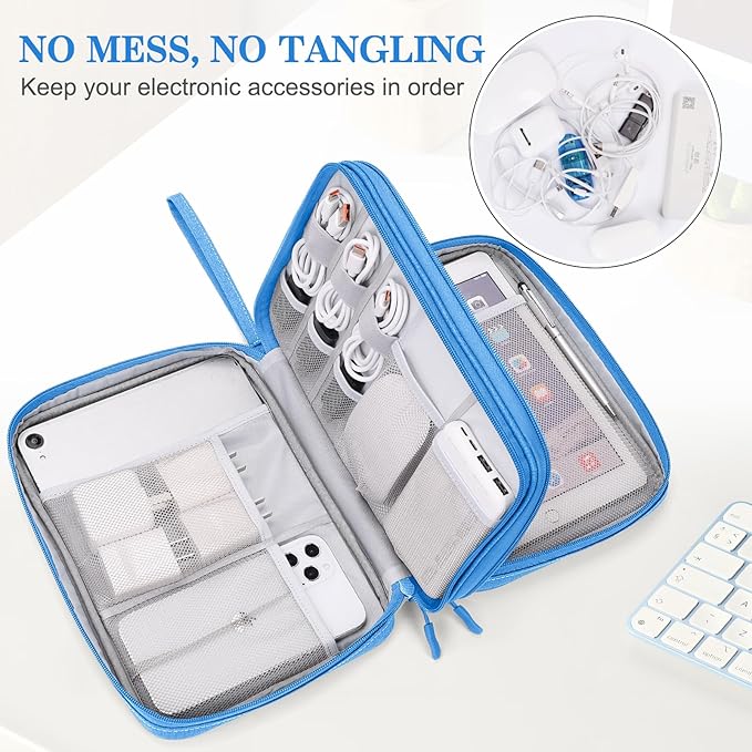 FYY Electronic Organizer, Extra Large Travel Cable Organizer Bag Pouch Portable Waterproof Double Layers All-in-One Storage Bag for iPad, Cable, Power Bank, Laptop Charger for Office/Home, Cyan