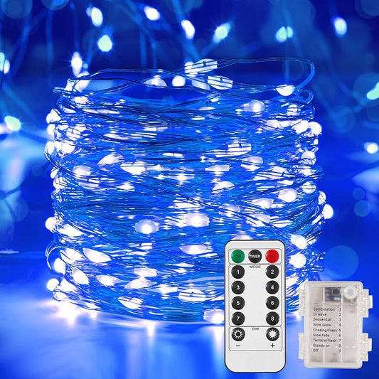 Ariceleo 1 Pack 32.8 Ft. Battery Operated Outdoor String Lights with Remote & Timer, LED Blue Fairy Lights, Waterproof Twinkle Lights for Bedroom, Dorm, Mason Jar, Wedding, Party, Christmas