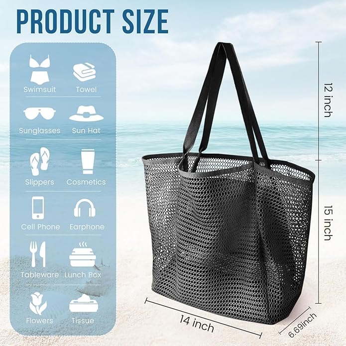 Beach Bags for Women, Summer Travel Mesh Tote Bag with Large Inner Pocket, Sandproof Woven Shoulder Handbag