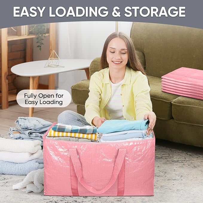 TICONN 8 Pack Extra Large Moving Bags Heavy Duty with Zippers & Carrying Handles, Durable Storage Bags Moving Boxes for Closet Organizers and Storage (8 Pack, Coral)