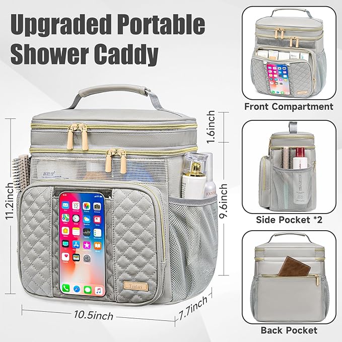 Large Leather Toiletry Bag for Women Men,Bathroom Bag,Water Resistant Shower Bag,Makeup Bag,Portable Shower Caddy for College Dorm,Hanging Travel Toiletry Bag with Transparent Waterproof Phone Pocket
