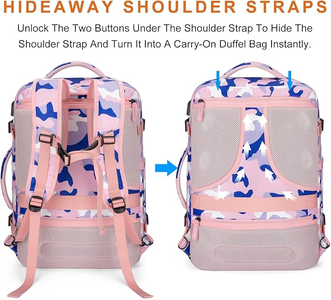 Lumesner Carry on Travel Backpacks, Extra Large 40L Flight Approved for Men & Women,Expandable Suitcase backpack (Camouflage Pink(Backpack With 4 Packing Cubes))
