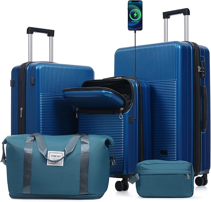 Merax Luggage Sets 5 Piece with Half-opening, Hardside 20" Carry On Suitcase Set with USB Port,Lightweight Travel 24" 28" Luggage with Bags TSA Locks Double Spinner Wheels,Blue