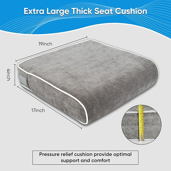 4 Inch Thick XL Memory Foam Seat Cushion - Extra Large Office Chair Cushion for Tailbone Pain Relief, Furniture-Grade High Density Foam, Non-Slip Washable Cover for Desk, Car & Wheelchair