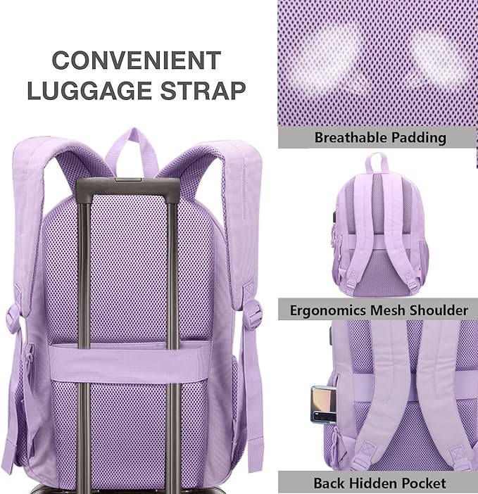 KEOFID Classic Travel backpack for Men and Women, Anti Theft Laptop Backpack with USB Charging Port for Work, Large Bag for College, Water Resistent(Purple)