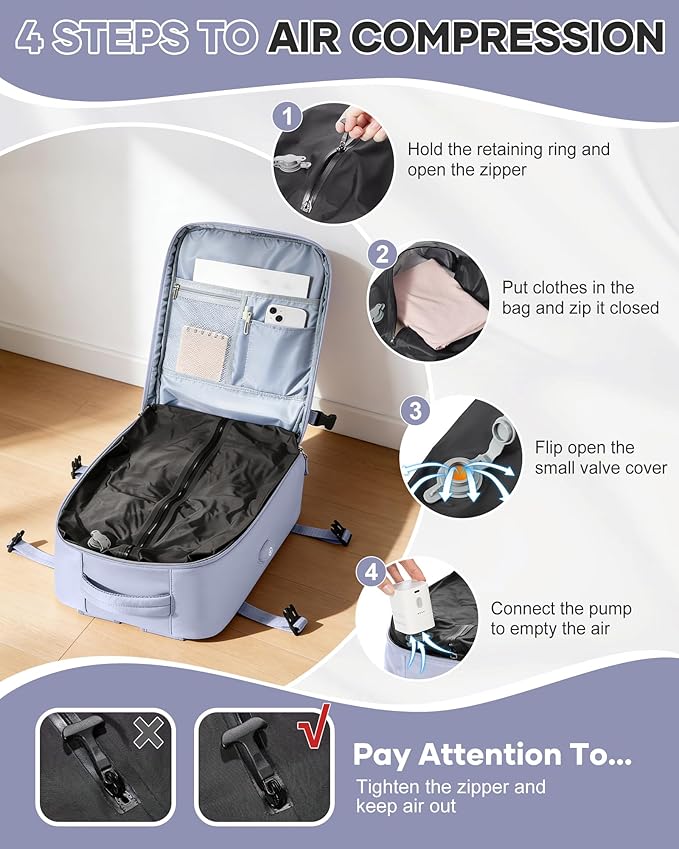 VECAVE Vacuum Travel Backpack with Pump for Women,Airback Personal Item Carry on Backpacks Flight Approved 18x14x8 inches for Men,Laptop Waterproof Work Compression bags Casual Daypack(Purple)