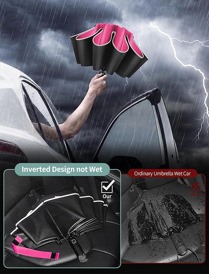Seniny Inverted Travel Umbrella Compact - Windproof Umbrellas for Rain with Reflective Strip, Large UV Umbrella for Sun Protection, Automatic Portable Umbrellas Fold in Reverse for Car, Backpack