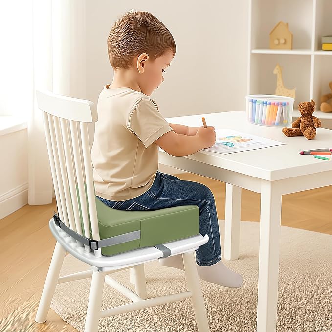 Toddler Booster Seat Dining Table Kitchen Chair, Waterproof Anti-Scratch PU Cushion, Non-Slip Bottom, Adjustable Buckle Straps, Easy Clean Portable Seat Cushion (Green)