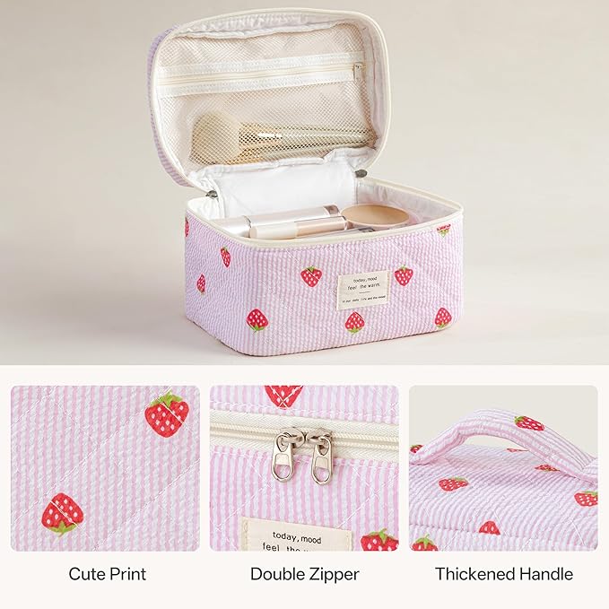 HBselect Quilted Makeup Bag, 3PCS Cotton Large Travel Makeup Bag, Cute Floral Coquette Make up Bag Cosmetic Bag Toiletry Bag for Women Girls