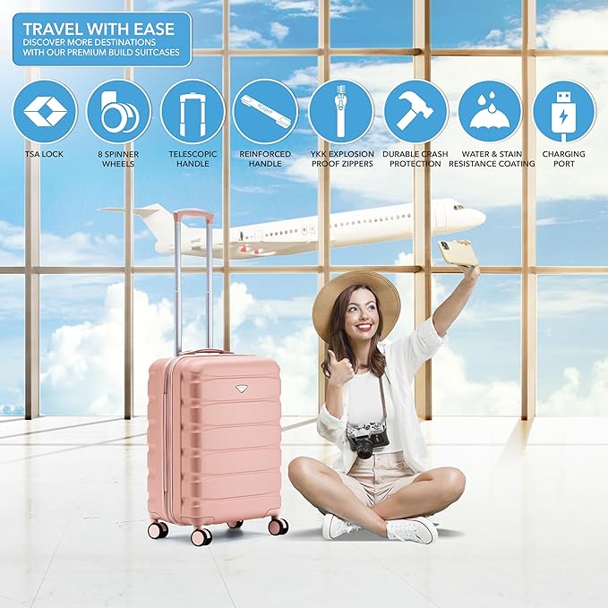Flight Knight 24x16x10 Expandable Carry On Suitcase Hardside TSA Lock USB C Port Lightweight Luggage Silent Double Spinner Wheels Maximum Overhead Carry-On Bag For Virgin, South West Approved Pink