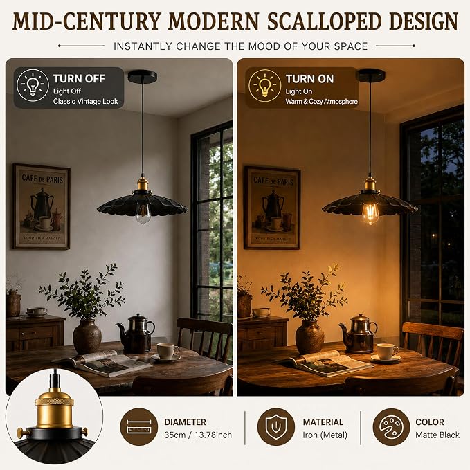Kitchen Pendant Lights, Black Hanging Lamp for Hallway 13.8 Inch Metal Lampshade Farmhouse Pendant Lights Kitchen Island Vintage Pendant Lighting Kitchen Island Sofa