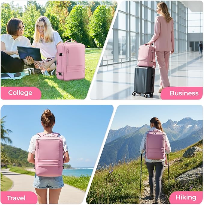 Travel Backpack for Women | Expandable Carry On Backpack with 17.3 Inch Laptop Compartment - Personal Item Travel Bags for Women Nurse Work Bag for Traveling Weekender Business College - Pink