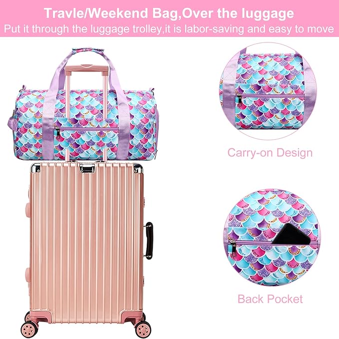 Gym Travel Duffle Bag for Girls - Gymnastics Sports Dance Bag with Shoe Compartment & Wet Pocket Mermaid Kids Travel Bag Teens Weekender Sleepover Carry On Bag