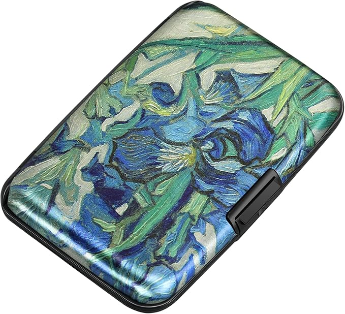 ELFISH Mini RFID Aluminum Wallet Credit Cards Holder Business Card Case Metal ID Case for Men Women(Iris Flower 1#)