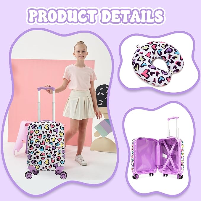 Kid's Luggage Set 2 Piece Suitcase Set Hardside Luggage with Spinner Wheels Girls Carry on Toddler Travel Rolling Suitcase with Neck Pillow Airline Approved