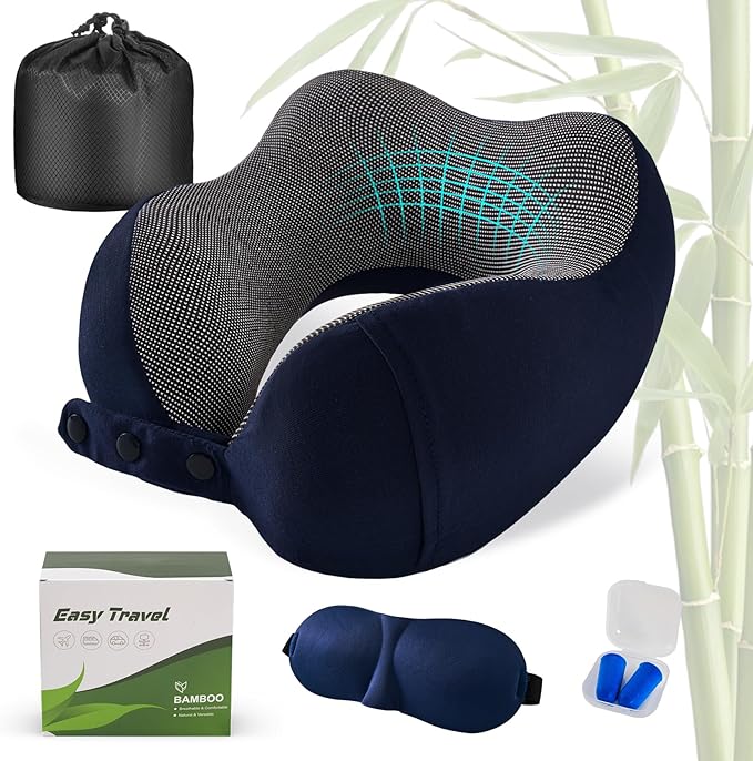 Neck Pillow for Traveling, Travel Pillows for Airplanes,100% Pure Memory Foam Travel Neck Pillow, Adjustable Flight Pillow, Portable Plane Accessories with Eye Mask, Earplugs, Carry Bag