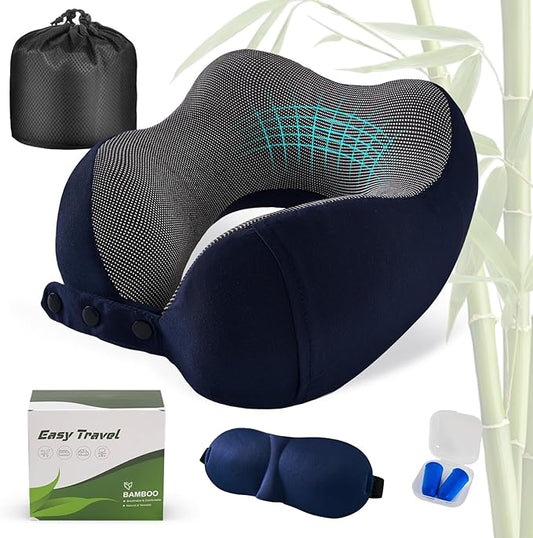 Neck Pillow for Traveling, Travel Pillows for Airplanes,100% Pure Memory Foam Travel Neck Pillow, Adjustable Flight Pillow, Portable Plane Accessories with Eye Mask, Earplugs, Carry Bag