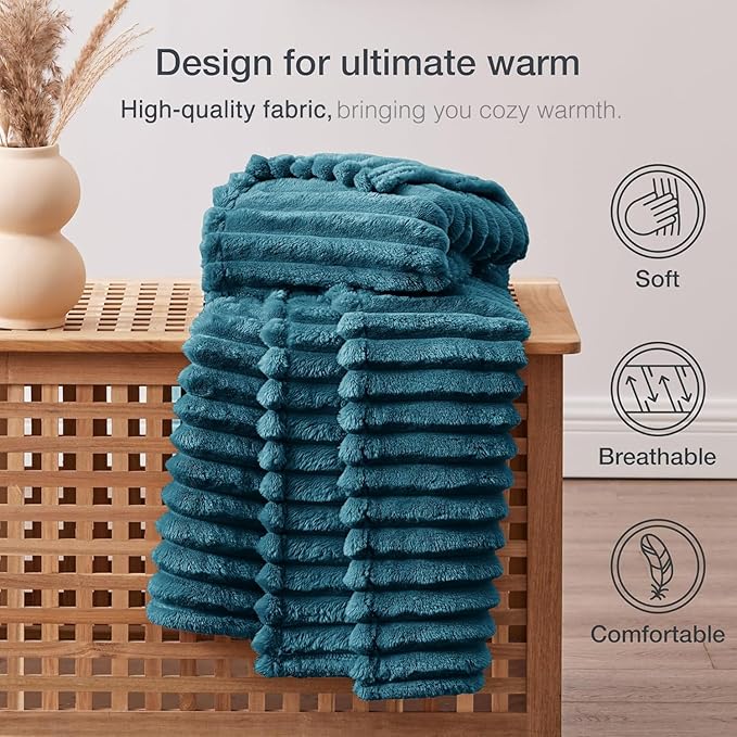 EXQ Home Fleece Throw Blanket for Couch or Bed - 3D Stripe Jacquard Decorative Blankets - Cozy Soft Lightweight Fuzzy Flannel Blanket Suitable for All Seasons(50"×60",Teal)
