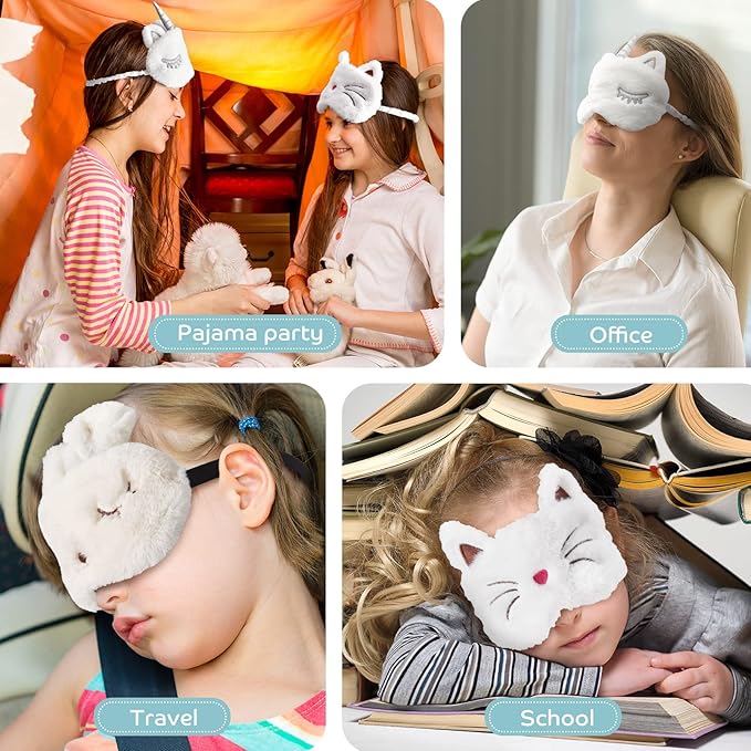 Geyoga Sleep Mask for Kids, Girls Plush Sleeping Eye Cover Soft Eye Blindfold Cover Animal Shade for Kids(White,Cat and Unicorn Style, White)