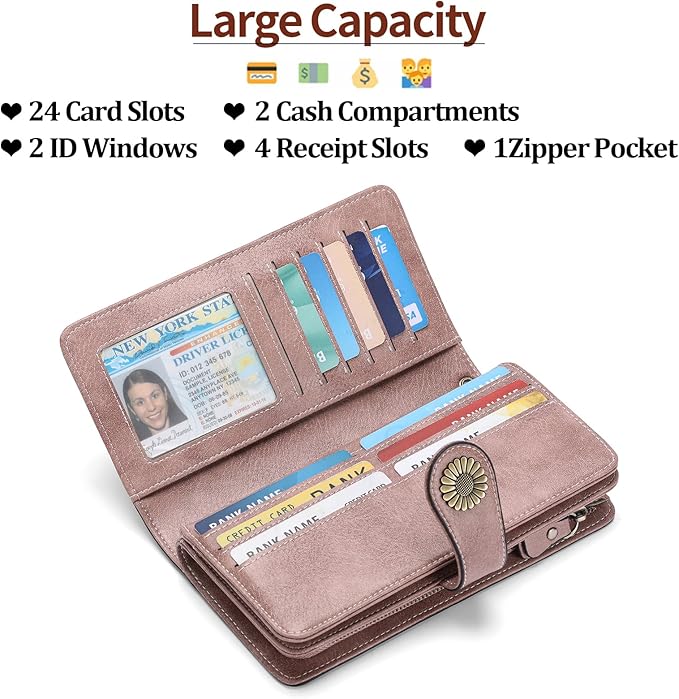 SENDEFN Wallets for Women Leather Credit Card Holder with RFID Blocking Large Capacity Wristlet | with RFID Blocking, Large Capacity, Wristlet, with RFID Blocking, Large Capacity, Wristlet
