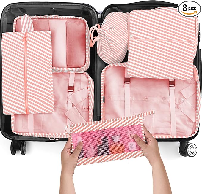 KPX 8 Set Packing Cubes for Travel, Luggage Packing Organizers Accessories Large Toiletries Bag for Clothes Shoes Cosmetics (Pink Strips)