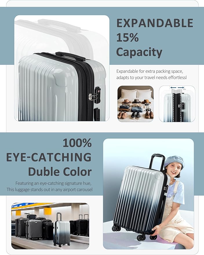 Carry on Luggage - Airline Approved Suitcases with Spinner Wheels, Built-In TSA Lock，Hard Shell Expandable Suitcases