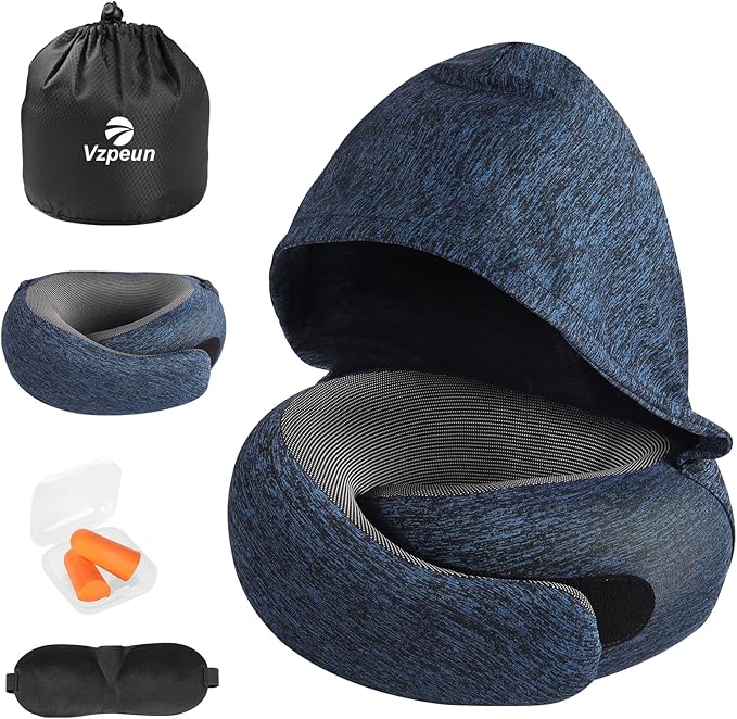 Travel Pillow - Hooded Neck Pillow Airplane Memory Foam Filling for Plane, Office, Cars Sleeping, Road Trip, Long Flights, Portable Plane Accessories, Includes Eye Mask & Earplugs (Full Blue)