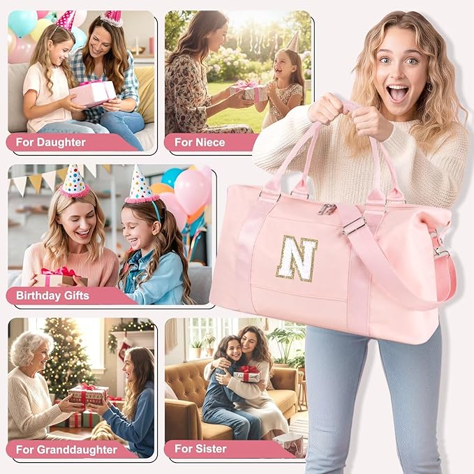 Dance Gym Duffel Bag for Teen Girls, Personalized Initial Travel Weekender Bag,Cute Overnight Carry On Duffle for Women,Sports Travel Cheer Bag,Monogram Christmas Gifts for Tween Preppy(pink-N)