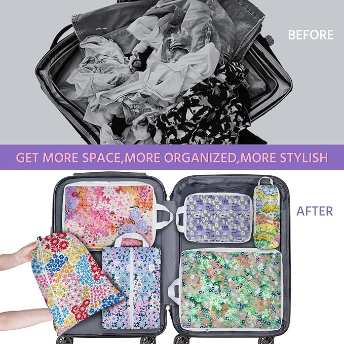 6 Pcs Compression Packing Cubes Waterproof Suitcase Travel Bag Luggage Backpack Organizer Travel Cubes for Packing-Small Floral Print