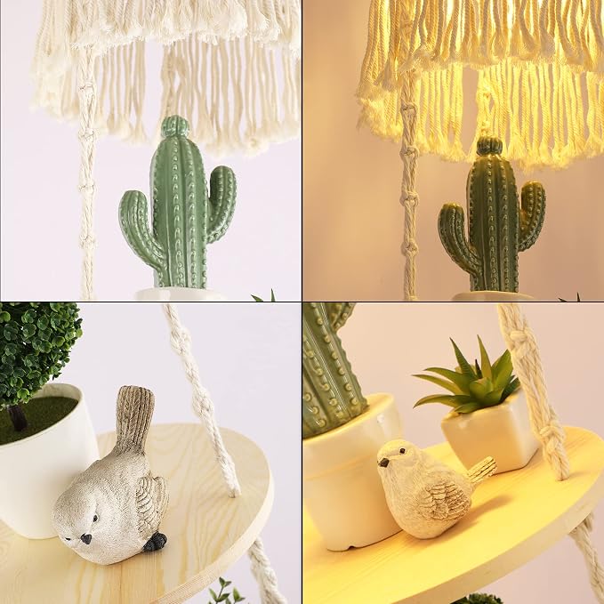 QIYIZM Boho Plug in Pendant Light Hanging Light with Plug in Cord,Dimmable Switch Hanging Lamp Macrame Lamp Shade and Plant Holder Shelf Indoor for Bohemian Decor Bedroom Corner Living Room