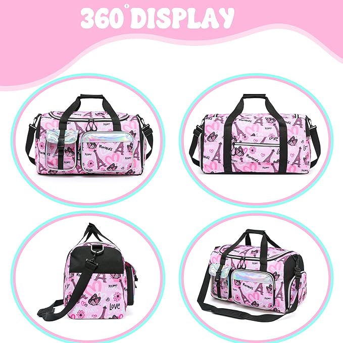 Kids Duffle Bag Girls Dance Bag Travel Overnight Sleepover Bags for Girls Gymnastics Sports Bags for Kids with Shoe Compartment