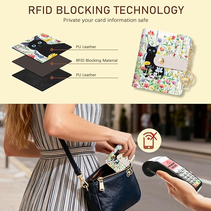 Jogjam Black Cat Flower Floral Aesthetic Rfid Women Wallet, Cute Small Slim Thin Compact Credit Card Wallet, PU Leather Bifold Cash Wallet, Zipper Coin Pocket ID Window, Girls Girly Teens Gifts