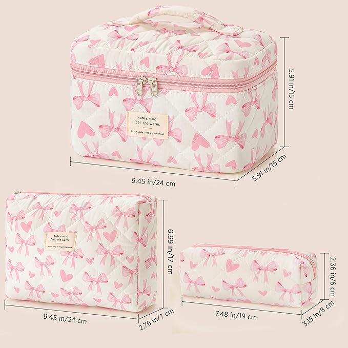 HBselect Quilted Makeup Bag, 3PCS Cotton Large Travel Makeup Bag, Cute Floral Coquette Make up Bag Cosmetic Bag Toiletry Bag for Women Girls