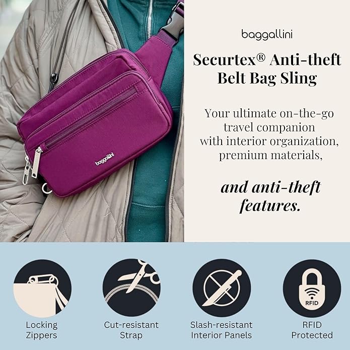 Baggallini Securtex Anti-theft Belt Bag 8.8"x5.5" Crossbody Fanny Pack for Women RFID Wallet Locking Zipper Travel Purse