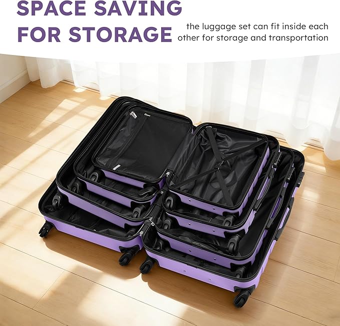 Suitour 4 Piece Luggage Sets, Hard Shell Suitcase Set with Spinner Wheels 16 20 24 28inch Travel Sets(Purple)