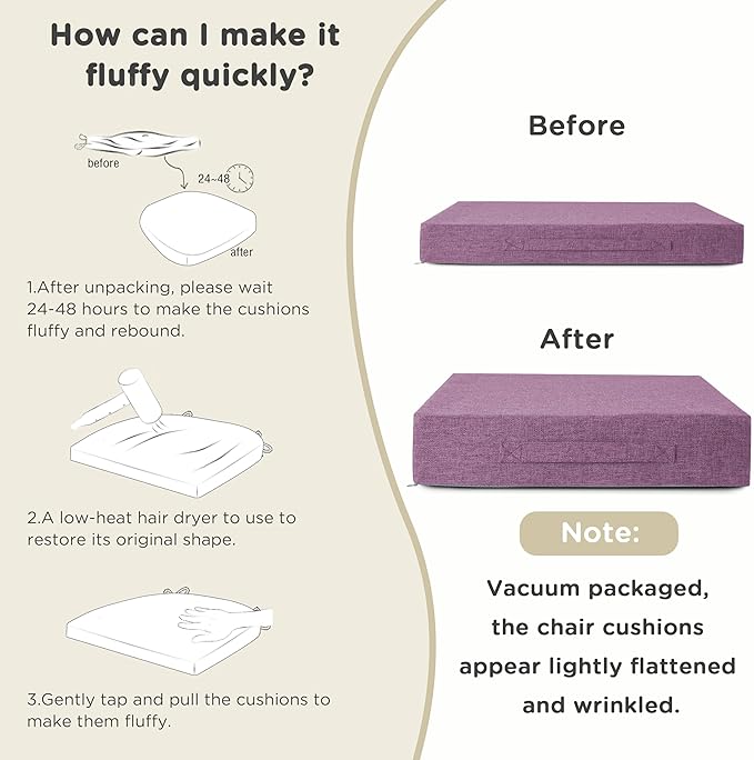 AddGrace Recliner Cushions for Elderly Thick Seat Cushion 20"x20"x4" Chair Pads with Non Slip Backing and Washable Cover for Couch Armchair Chairs Purple