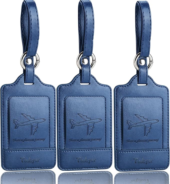 3 Pack Luggage Tags - Quick Install, Privacy Protection, Airplane Travel Essentials for Suitcases, Durable Leather - Blue