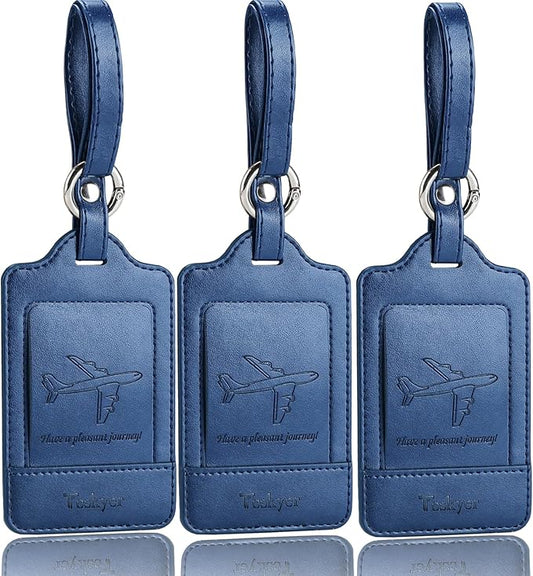 3 Pack Luggage Tags - Quick Install, Privacy Protection, Airplane Travel Essentials for Suitcases, Durable Leather - Blue