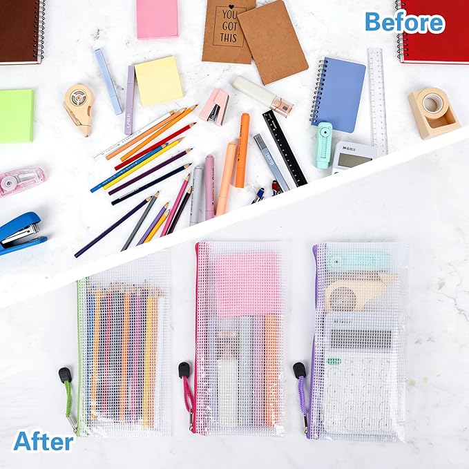 EOOUT Mesh Zipper Pouch 24pcs 9.5x4.5 Inches Small Organizing Bags in 12 Colors for Travel Storage and Office Supplies Storage