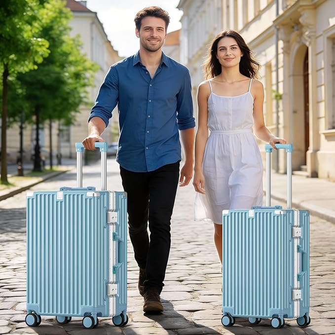 20 Inch Carry On Suitcase, Aluminum Frame Zipperless Hard Shell Luggage with Spinner Wheels, TSA Lock, USB Charging Port, Phone Holder, Cup Holder for Business Travel and Trips, Blue