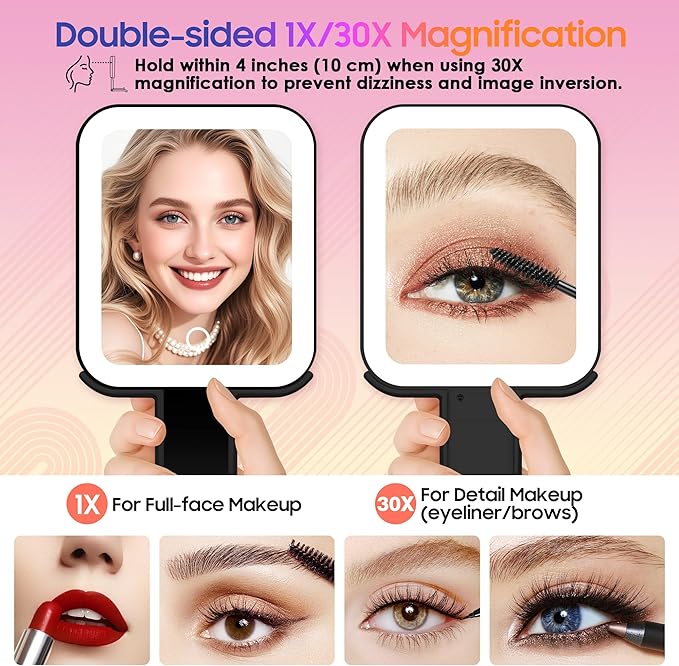 GOMIPURU Magnifying Travel Mirror with Light, 30X/1X Double-Sided Magnifying Mirror with 3 Color Lights, Brightness Adjustable, Foldable Handheld Makeup Mirrors Portable for Travel and Desktop Use,B