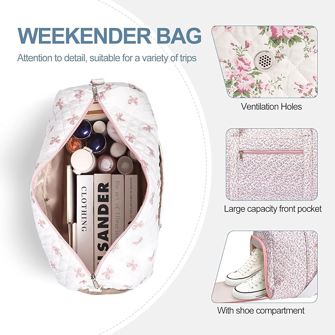 Gym Bag for Women, Cute Duffle Bag, Quilted Duffle Bag for Travel, Floral Duffle Bags, Weekend Bag with Zipper Pocket Dance Bag Organizer