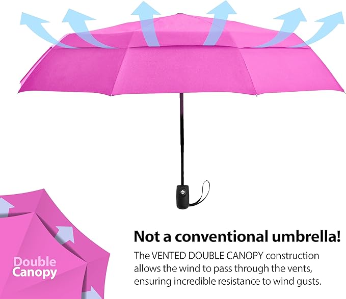 Windproof Compact Umbrella for Rain - 42” Travel Umbrella, Portable, Strong, Collapsible to 11”, Automatic Open Close Button, Vented Double Canopy with Fiberglass/Steel Frame, Wind Resistance to 55MPH