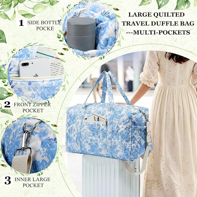 Large Quilted Travel Duffle Bag for Women Floral Portable Gym Weekender Bag with Zipper Pockets Workout Grocery Pouch Duffle Gift Pouch for Work(Blue Floral)