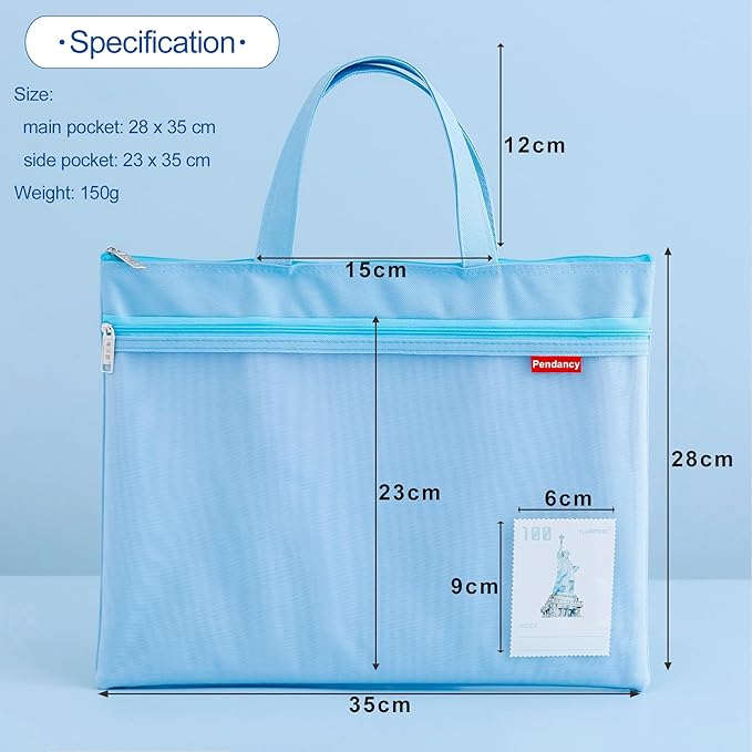 Pendancy Mesh Zipper Pouch 11x13.7 in, 2 pcs Large Double Pocket Waterproof File Bag with Handle, A4 Size Foldable Document Storage for Puzzle Project/Cross Stitch/Travel/Office（Blue Green）