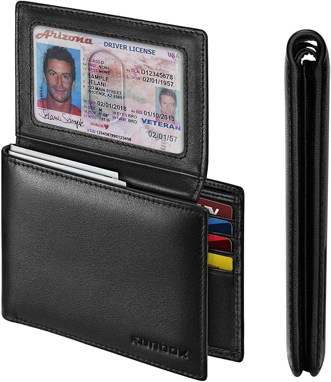 RUNBOX Leather Wallet for Men, Genuine Leather Mens Wallet Bifold Rfid Blocking with 12 Cards and 2 ID Windows, Minimalist Wallet for Men with Gift Box
