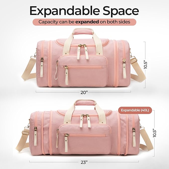 Duffle Bag for Travel (Pink) 20–23” Expandable (40L) – Lightweight Water-Resistant Carry On Weekender with Multiple Pockets & Shoulder Strap – Airline Approved Travel Duffel Bags for Men & Women