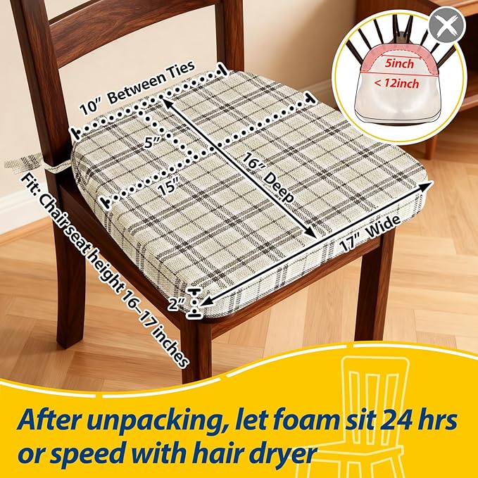 AAAAAcessories D-Shaped Chair Cushions, 2" Thick Dining Chair Pads with Ties and Removable, Machine-Washable Cover, 17" x 16", Set of 8, Yellow Checkered