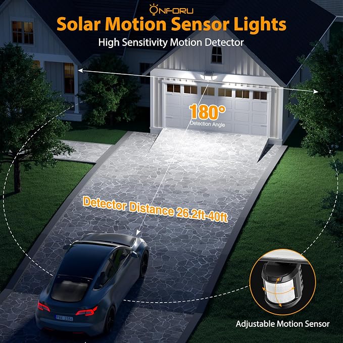 Onforu 4500LM Solar Lights Outdoor, 3 Heads Security Lights with Remote Control, IP65 Waterproof Motion Sensor Lights, 3 Modes Solar Light Fixtures for Wall, Porch, Yard, Outside, 1 Pack